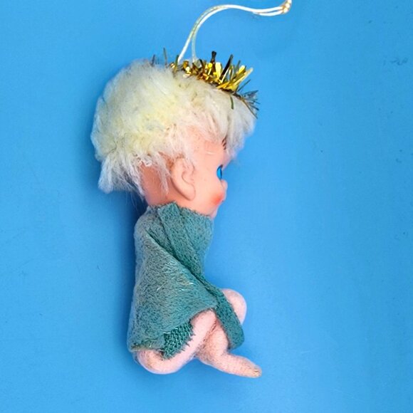 Vintage 1950s Napco Pixie Angel Elf Hugger Ornament Japan Green Felt Gold Halo - Picture 5 of 10